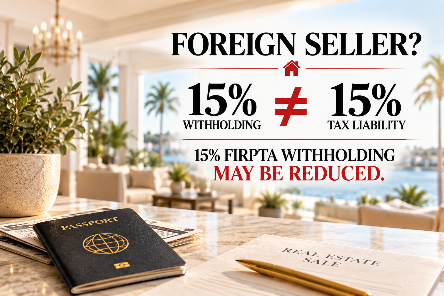 Foreign seller FIRPTA graphic explaining that 15% withholding does not equal 15% tax liability and may be reduced