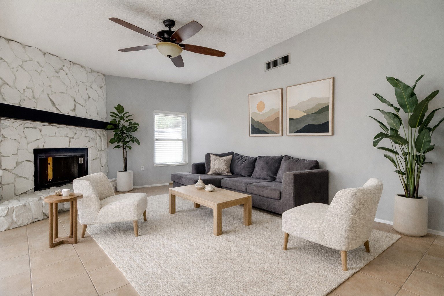 financially distressed family room partially furnished and completed with virtual staging