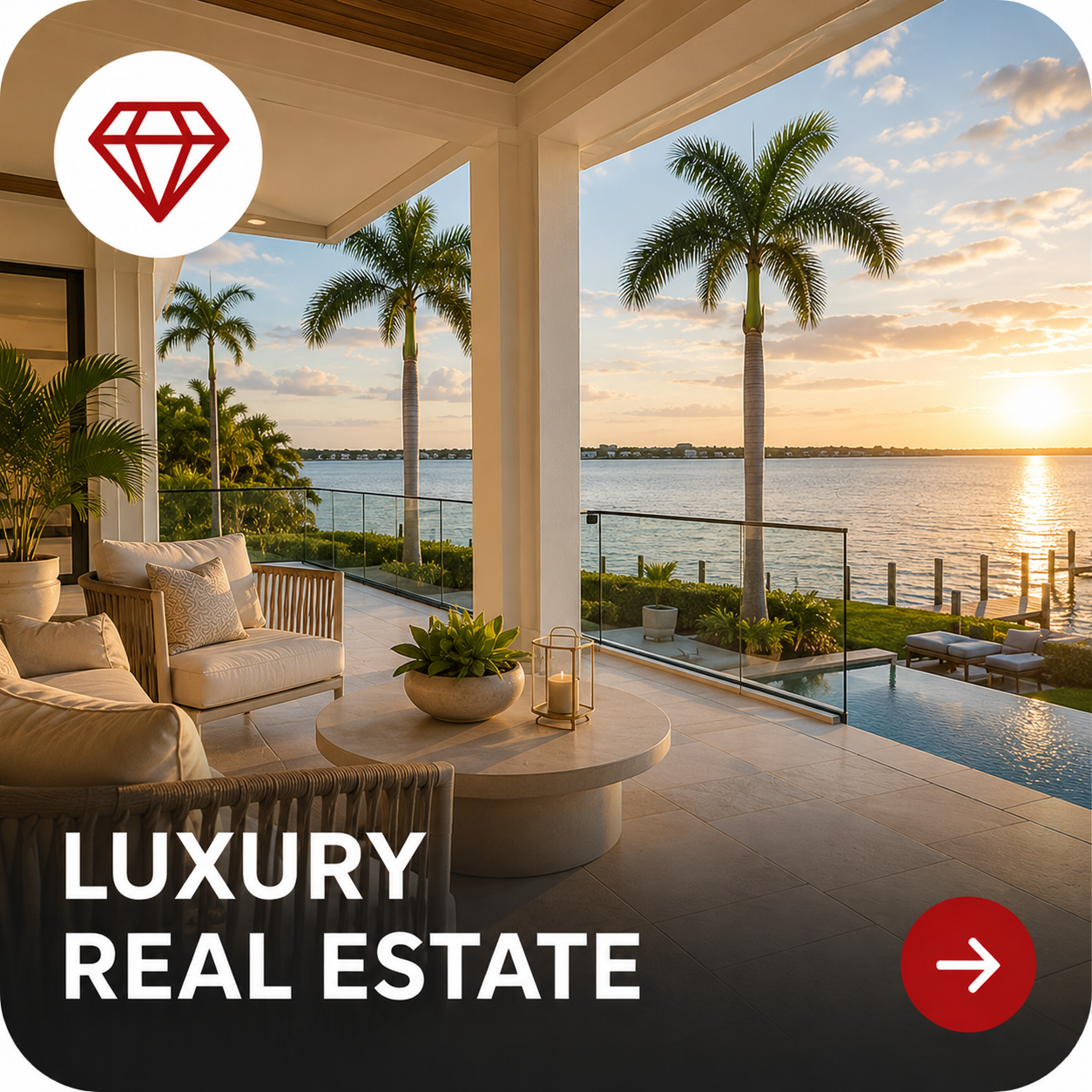 Luxury outdoor living space overlooking a body of water with palm trees, a stone table with a plant and candle, white cushioned furniture, and a sunset sky.