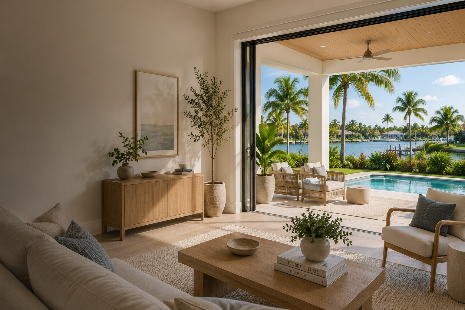 Elegant Florida home with open-concept living room, covered lanai, pool, palm trees, and waterfront views representing Tampa Bay living.