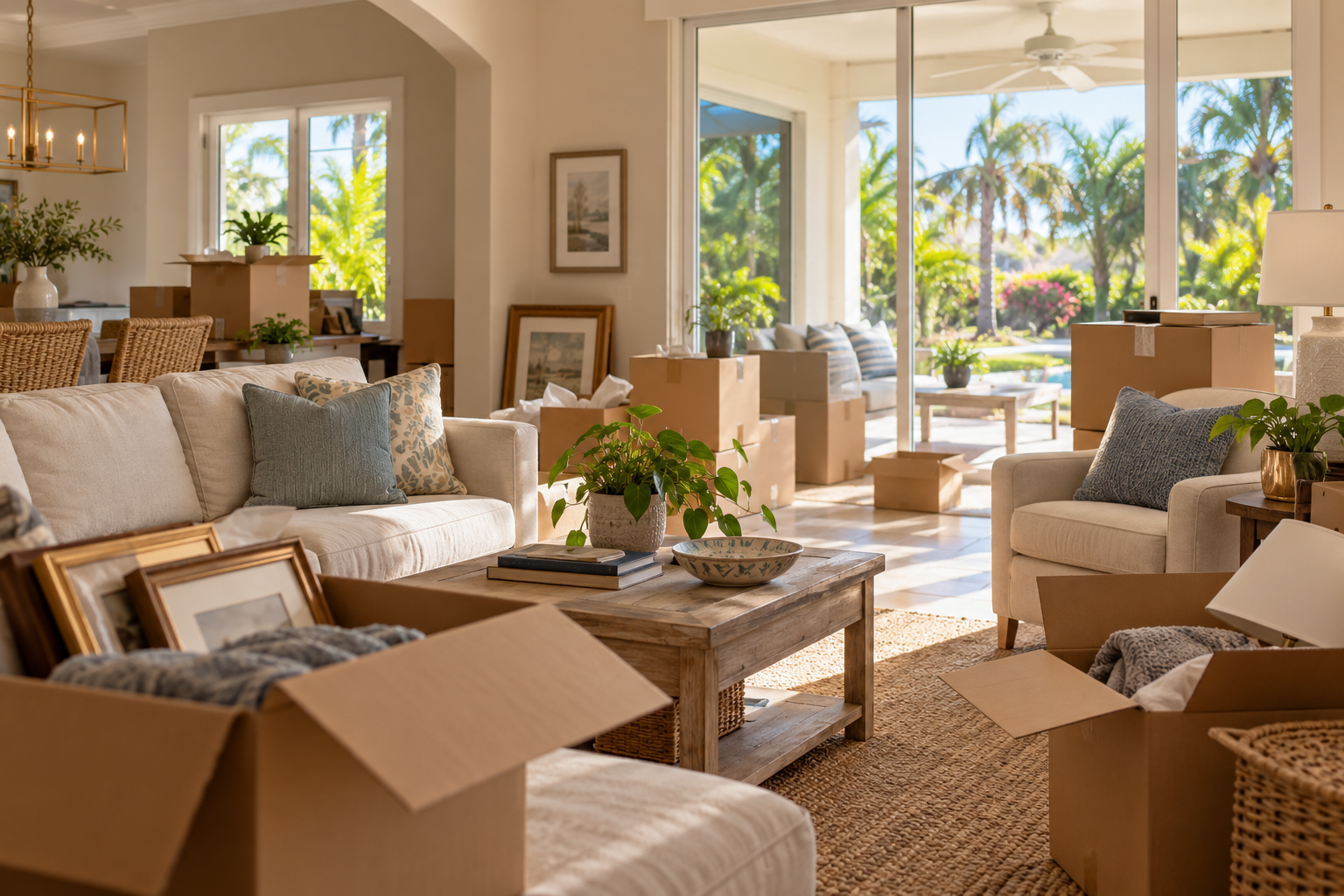 Inherited Florida home being prepared for sale with belongings and moving boxes