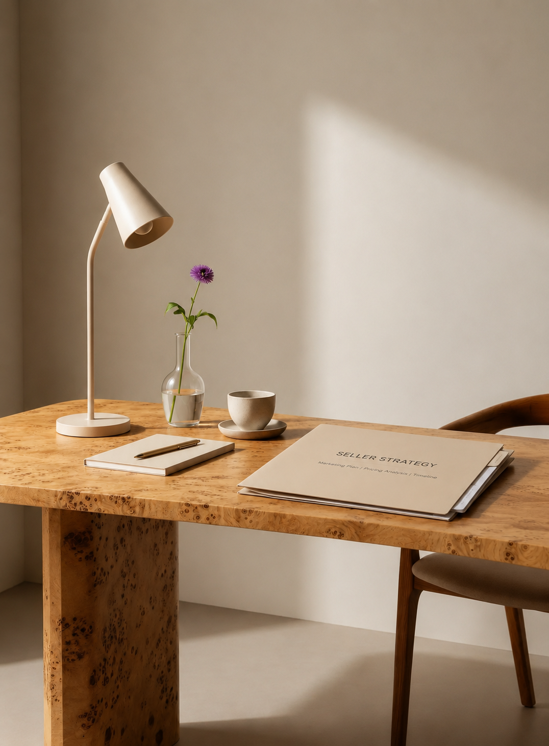 Modern home office workspace with a Seller Strategy folder, notebook, coffee cup, and desk lamp representing strategic home selling guidance.