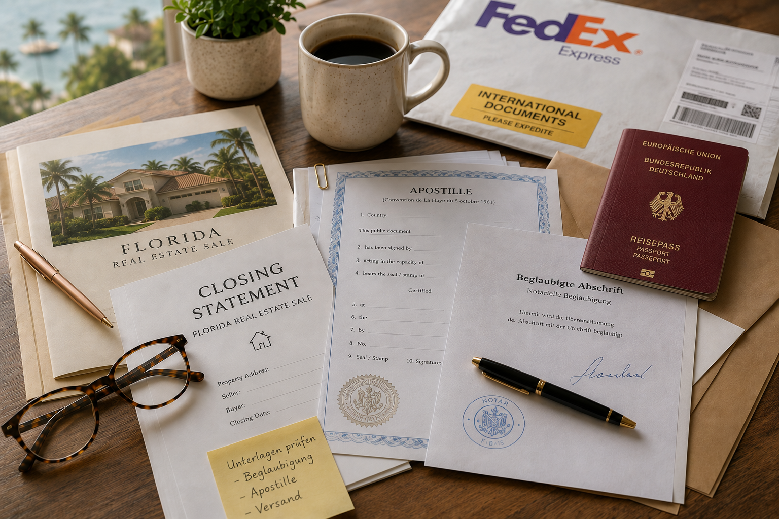 Schreibtisch mit Deutschem Reisepass, Closing Statement, Apostille, Brille, FedEx Umschlag