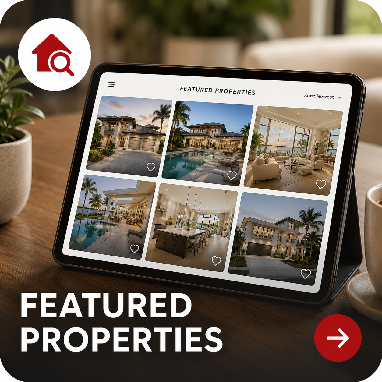 A tablet displaying a real estate app with photos of luxury houses. The screen shows featured properties including exterior shots of homes, pools, and interior living rooms. The app interface has options to sort by newest, and each property has a heart icon for favoriting.