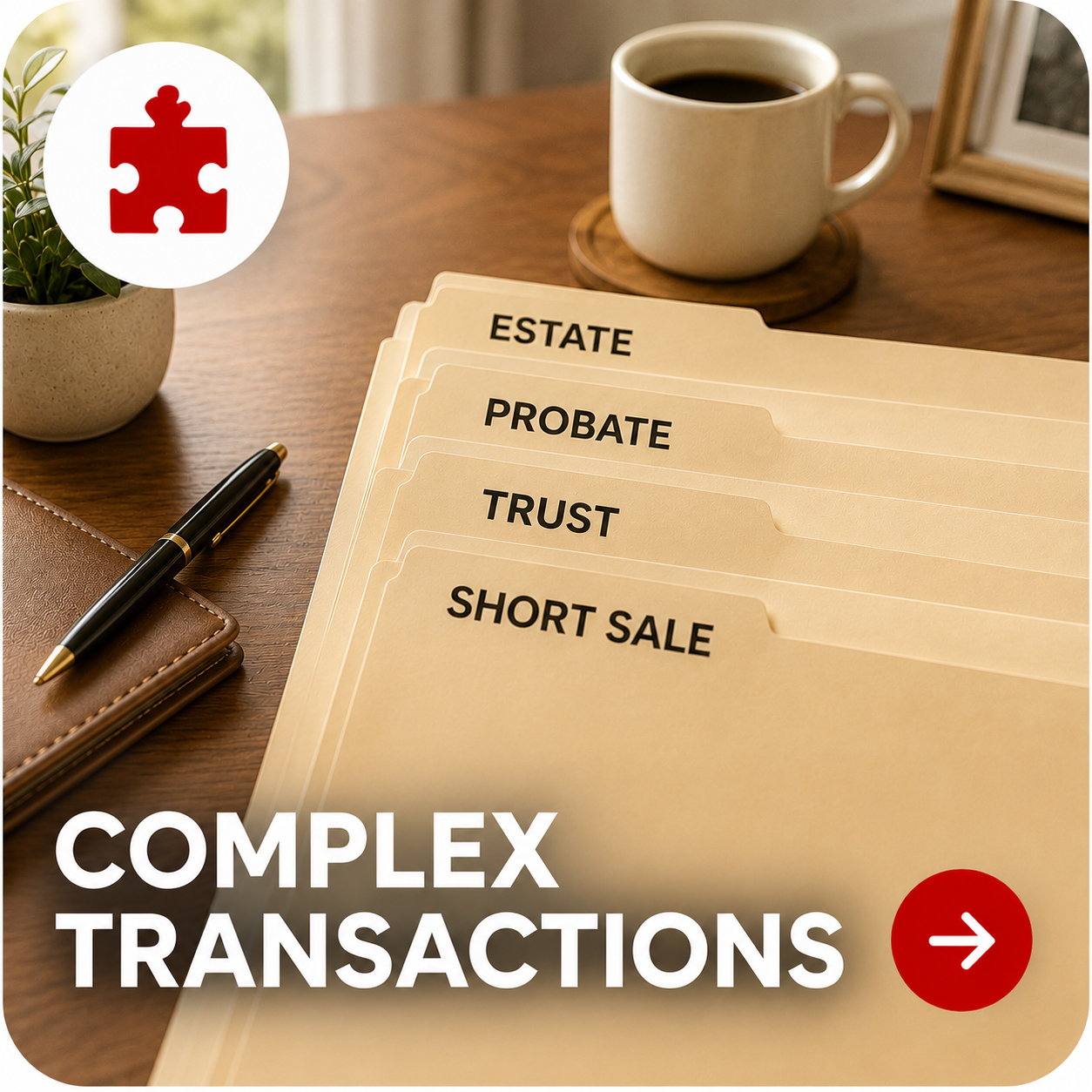 Complex Transactions thumbnail featuring organized manila file folders labeled Estate, Probate, Trust, and Short Sale, representing specialized real estate transaction expertise.