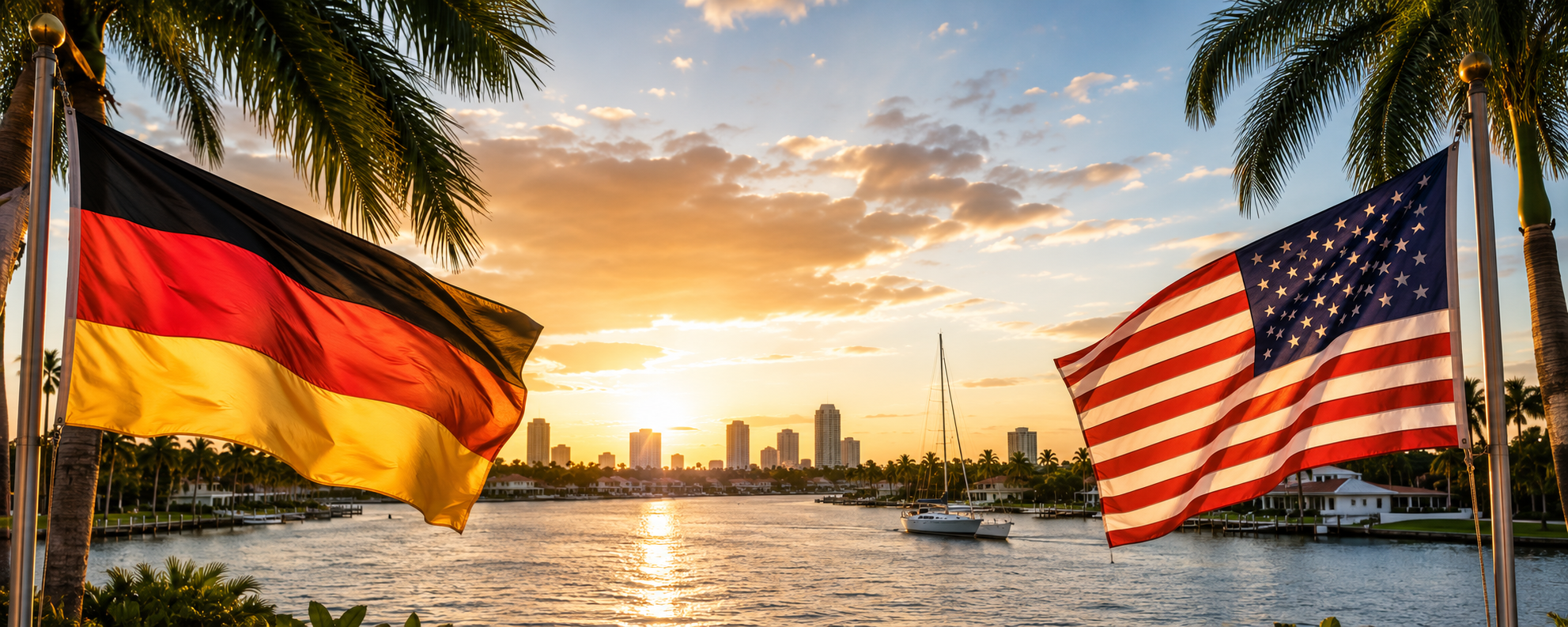 Sunset over a city skyline with water and palm trees, featuring the flags of Germany and the United States waving in the foreground.