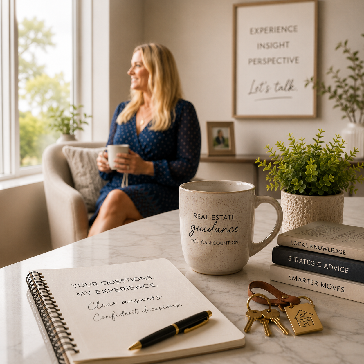 kitchen counter with notebook, keys, coffee, female realtor sitting in background