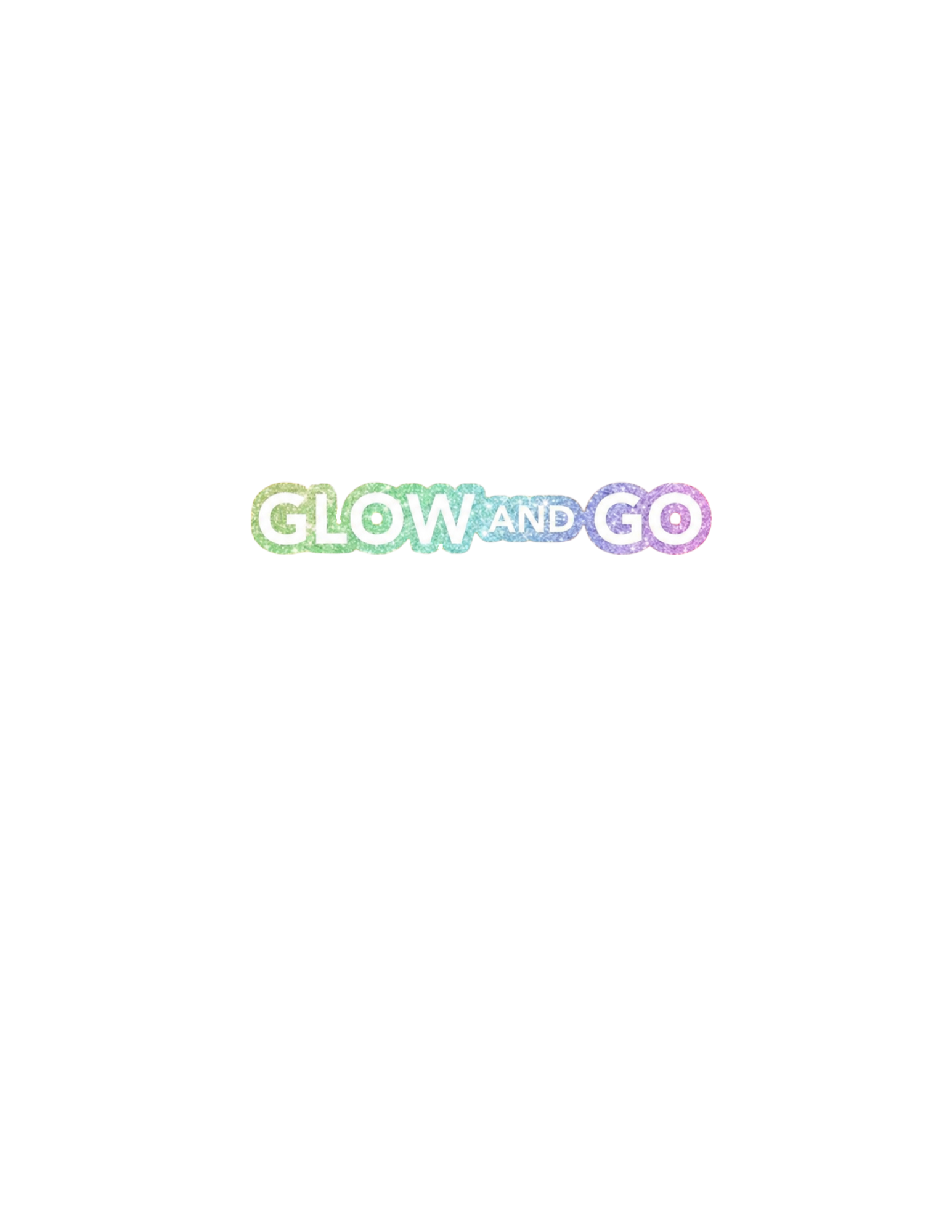 Colorful text that says 'GLOW AND GO' with a glittery design.