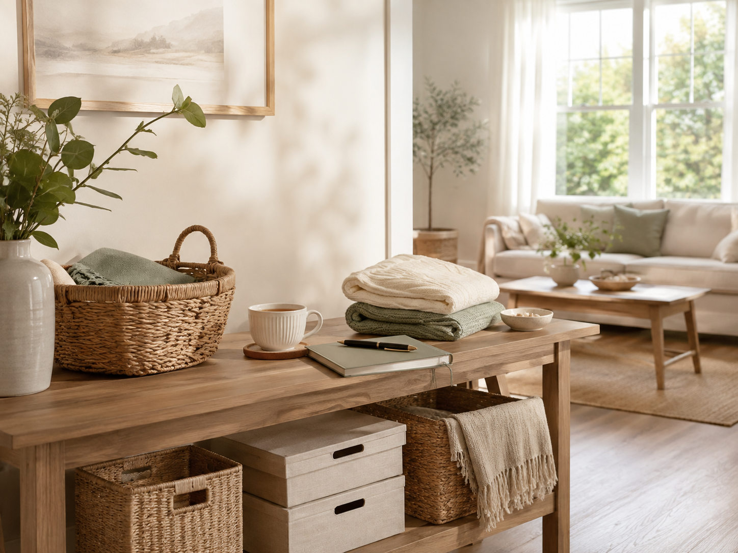Home organising in progress with baskets, folded linens and storage boxes
