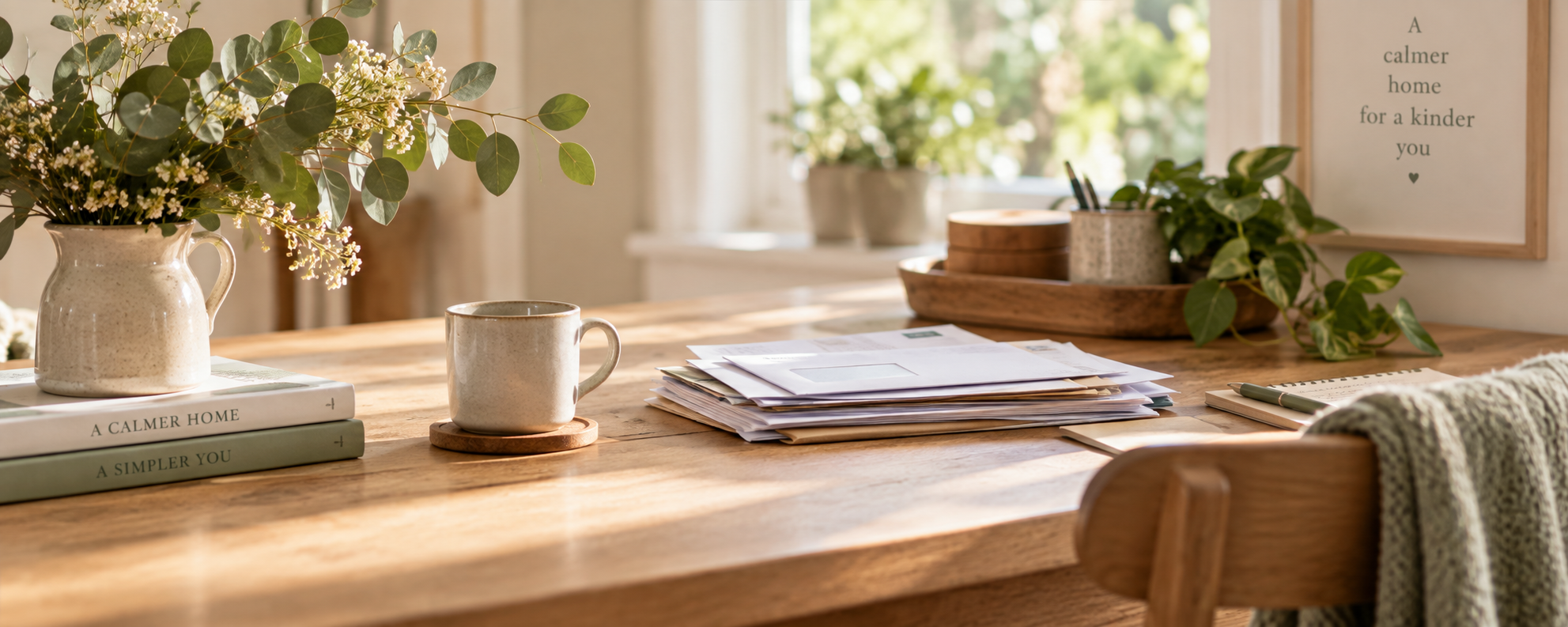 Pile of household paperwork on a table ready to be sorted and organised