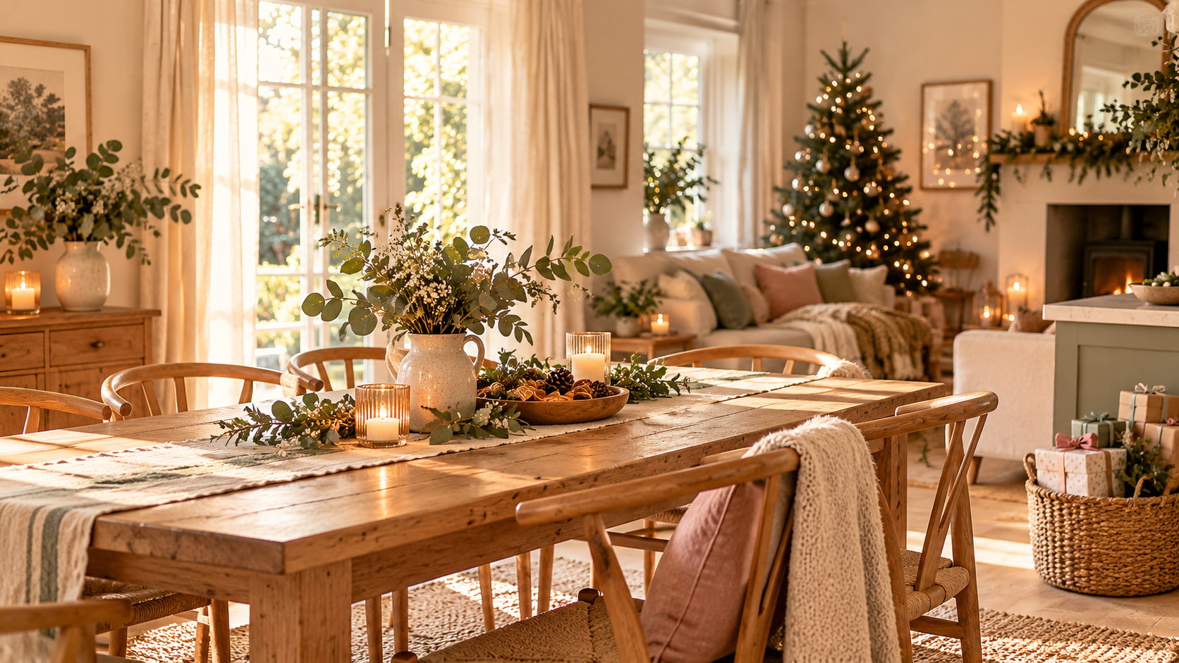 Warm, sunlit Christmas dining room with a rustic wooden table, greenery, candles and a softly lit Christmas tree in the adjoining living area.
