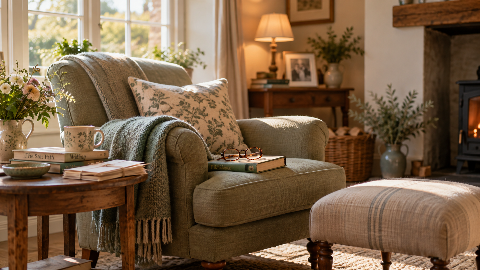 Cosy armchair beside a table with books, letters, glasses and a framed photograph in a warm living room.