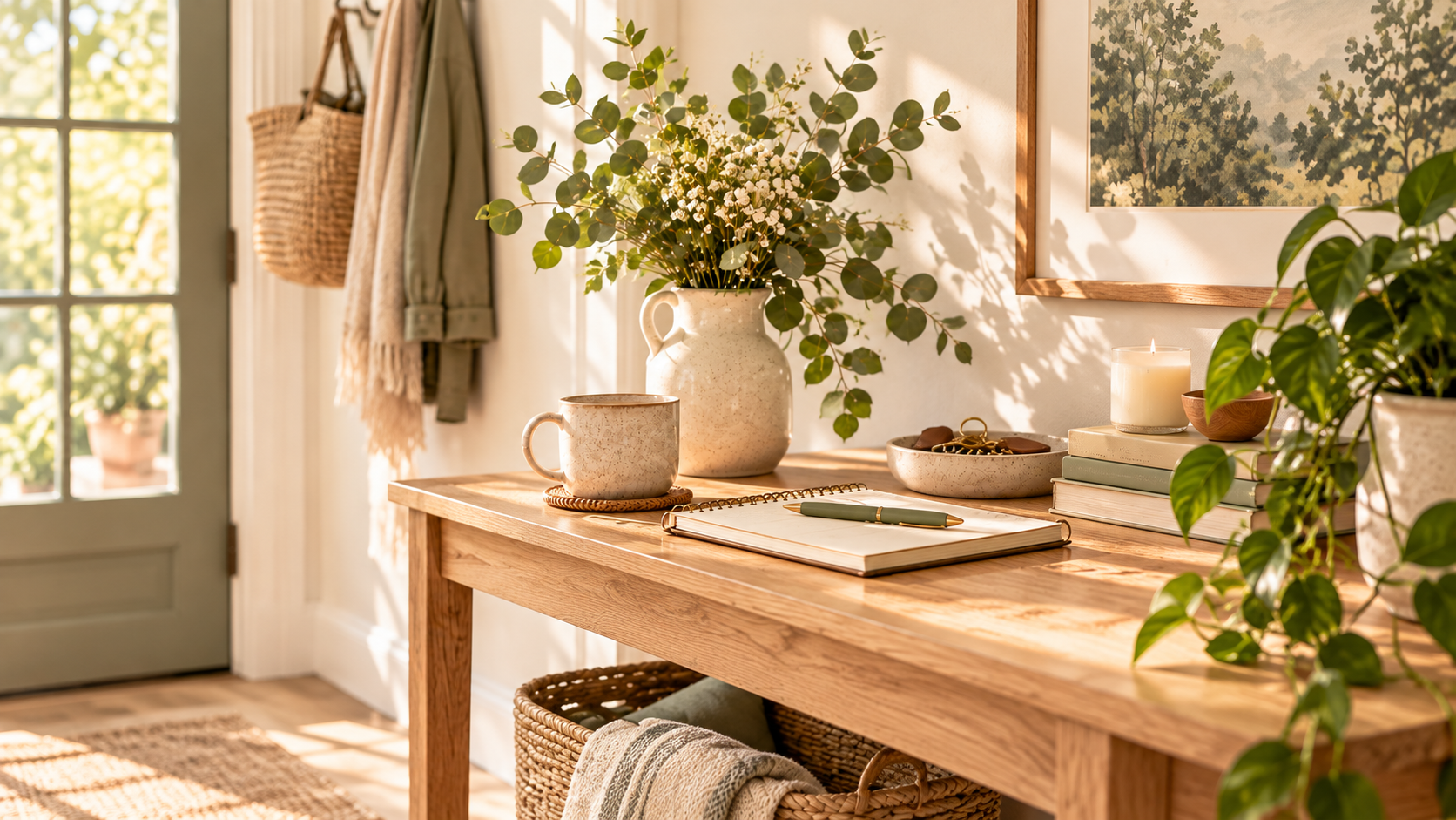 Sunlit hallway console table with a notebook, mug, books, greenery and woven basket in soft neutral and sage tones.