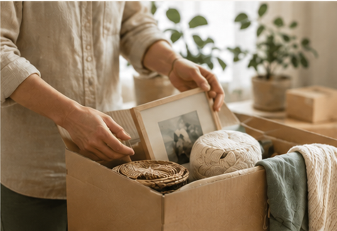 Person sorting and packing belongings into a box when preparing for a move