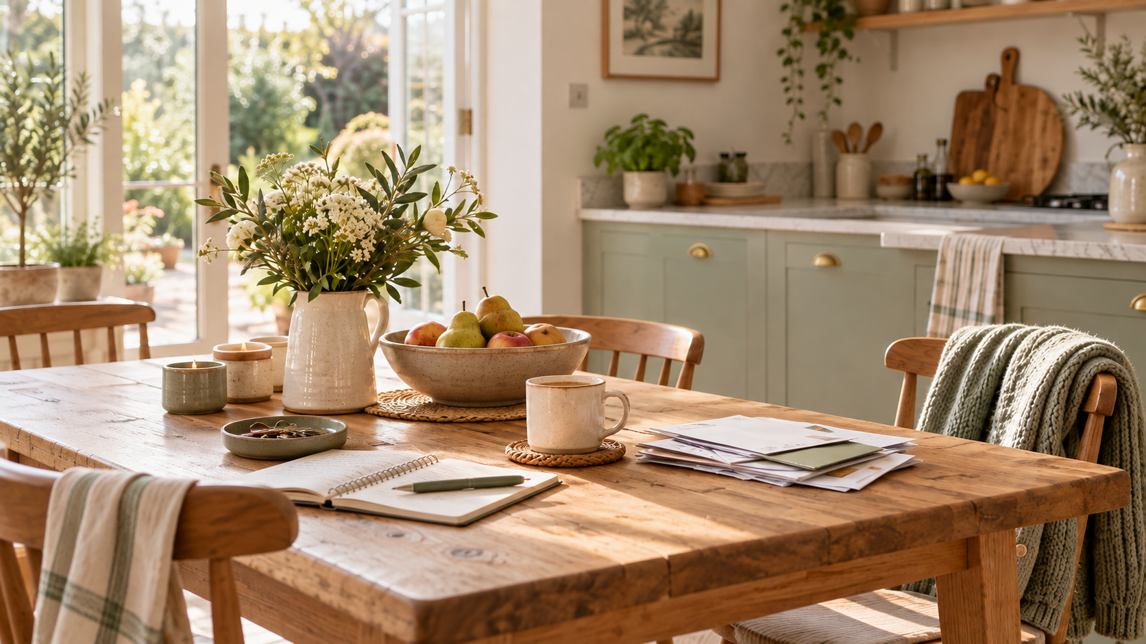A welcoming kitchen-dining space with a wooden table, notebook, mug and everyday paperwork, showing a calm but lived-in home.