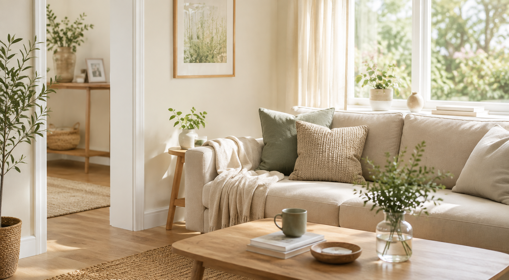 Calm, organised living room with soft neutral furnishings and natural greenery