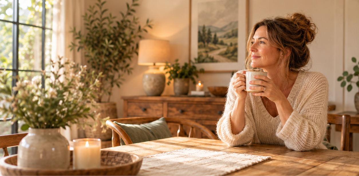 Woman in a cream jumper enjoying a cup of coffee at a tidy wooden dining table, with soft natural light, flowers and greenery creating a warm, peaceful atmosphere.