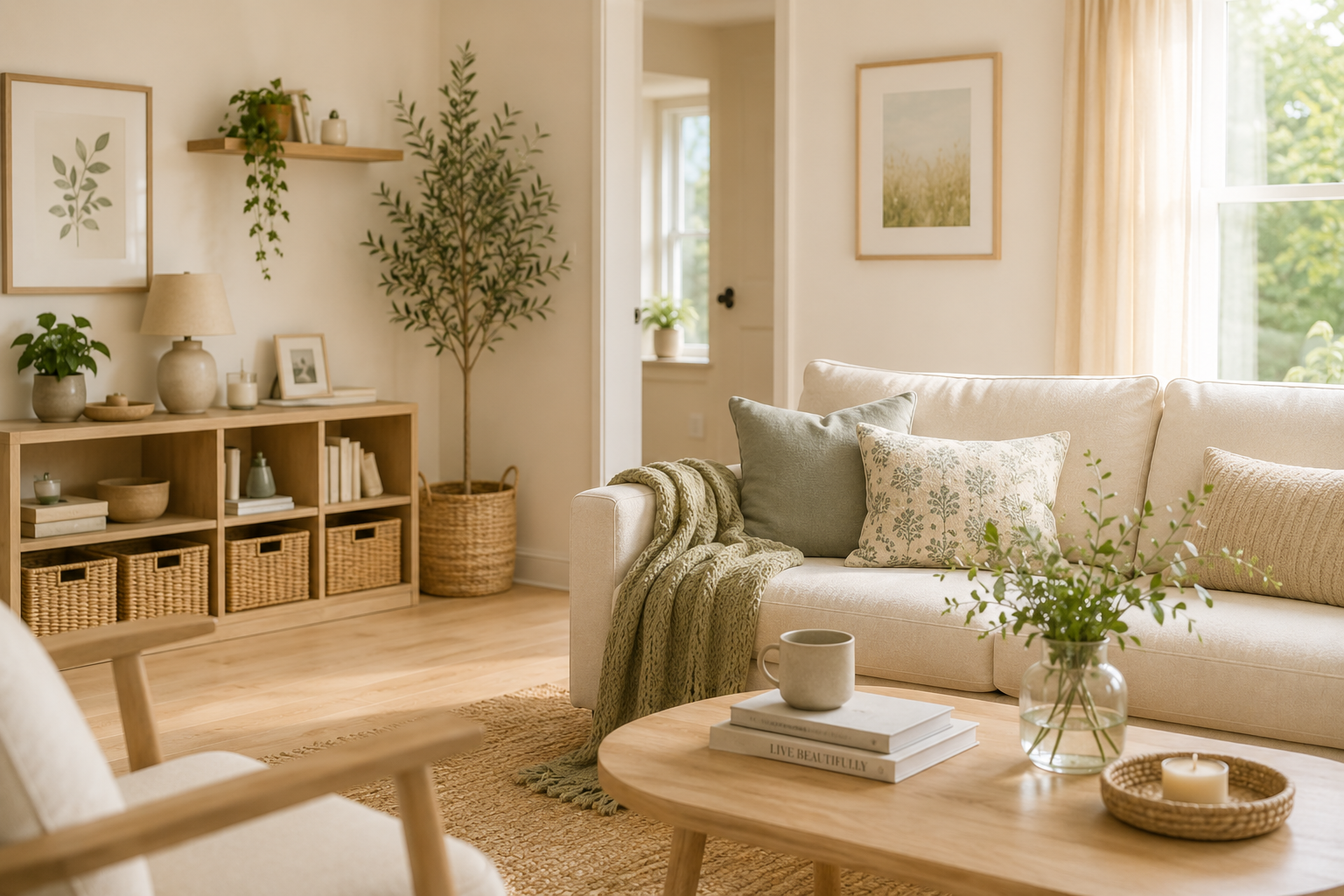 Calm living room with simple storage baskets, natural textures and greenery