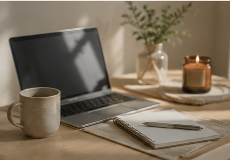 Laptop and notebook set up for a virtual home organising session