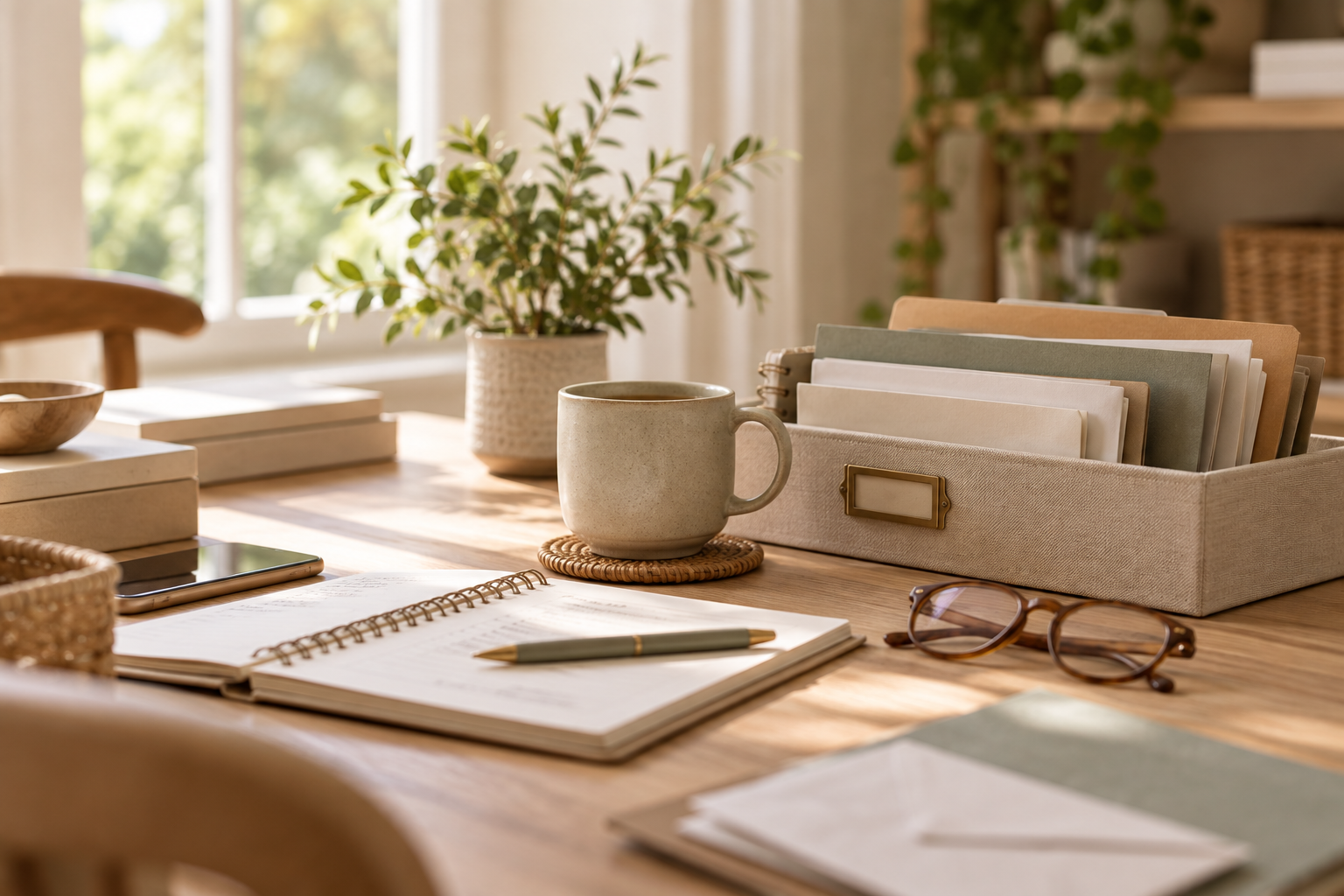 Warm home workspace with paperwork, folders, a notebook, glasses and a cup of tea arranged on a wooden table.