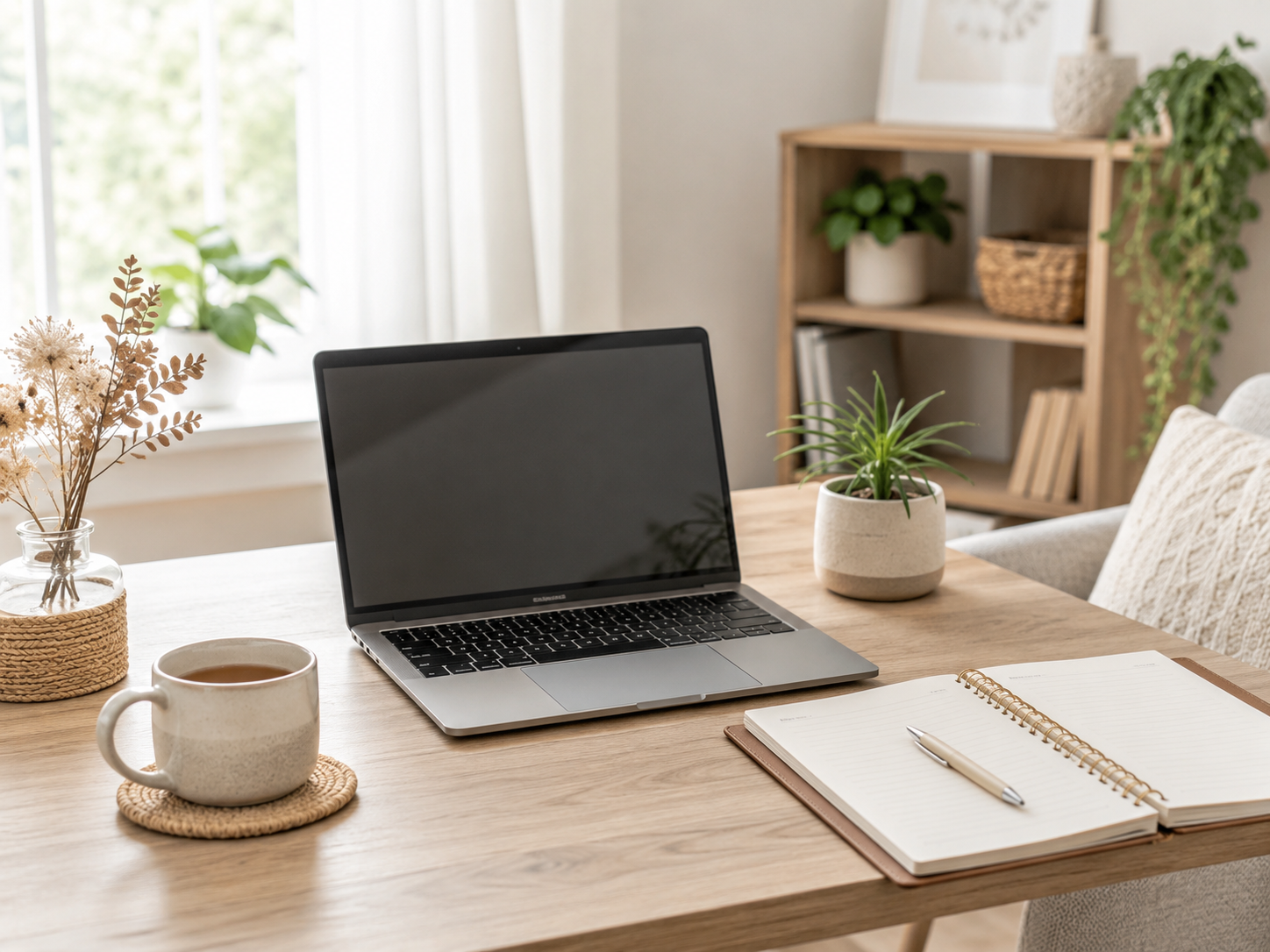 Laptop, notebook and cup set up for a virtual home organising session