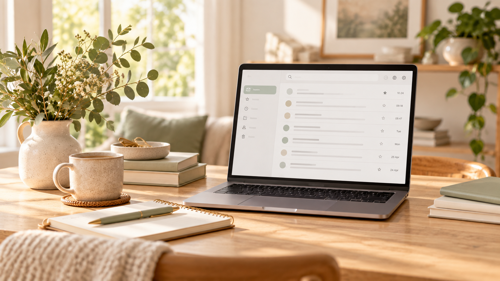 Laptop showing an email inbox on a calm, sunlit desk with plants, notebooks and a cup of tea.