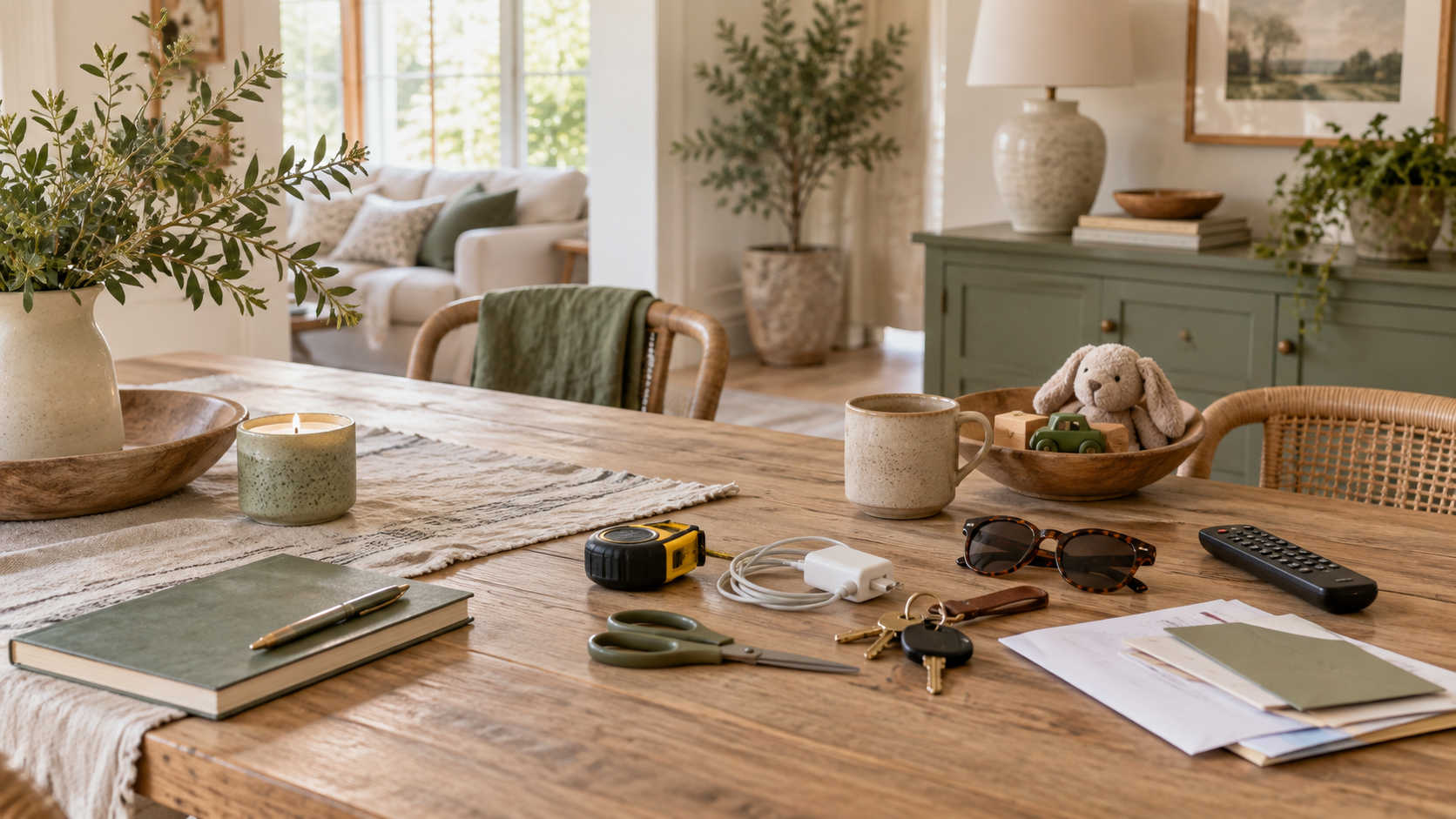Dining table with everyday household items including keys, papers, sunglasses, a charger and remote control.