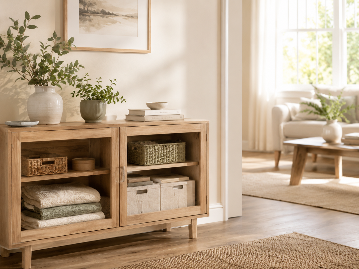 Calm living space with neatly organised storage and everyday belongings