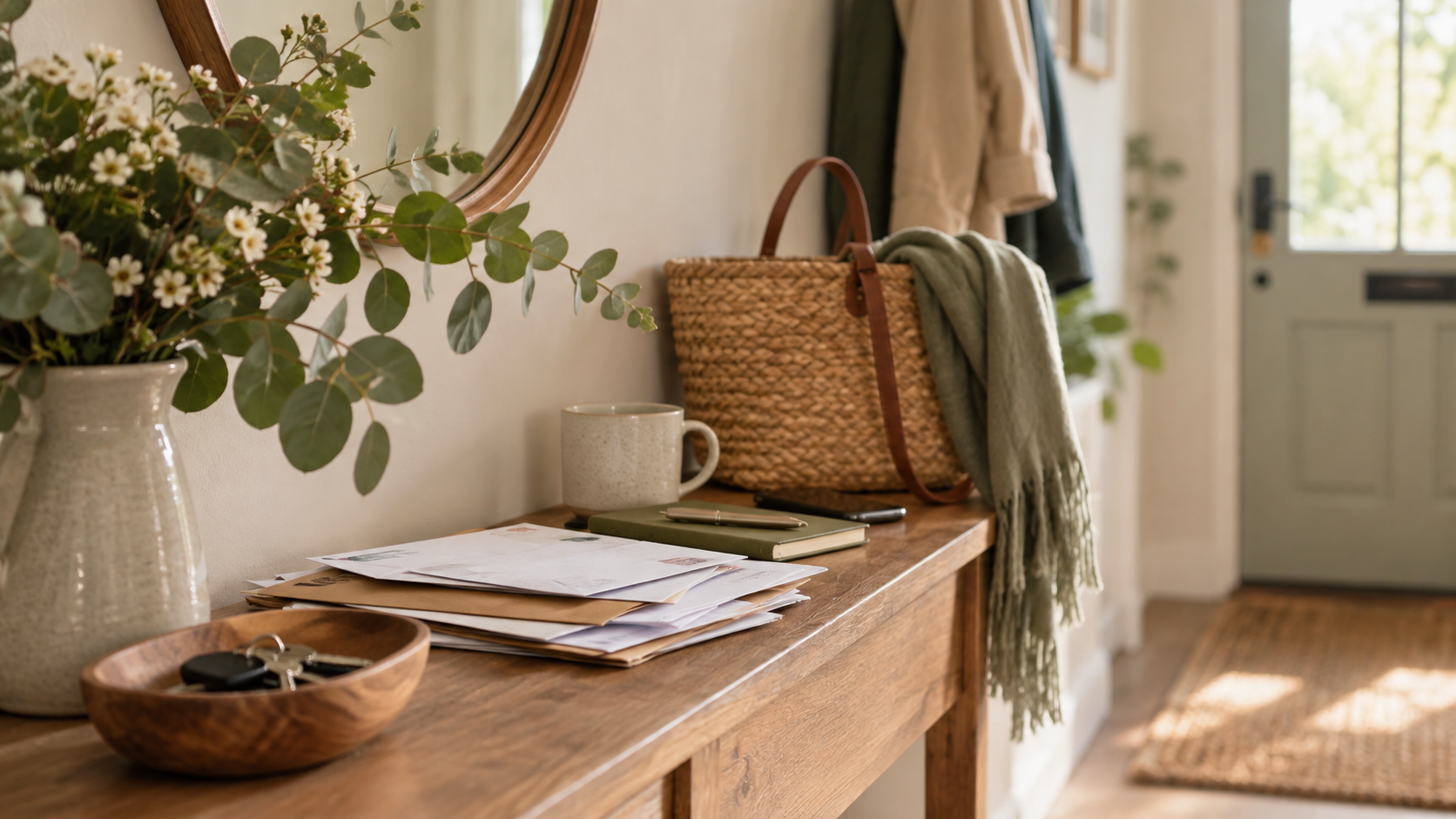 A hallway table with post, keys, a notebook, mug and bag, representing everyday things waiting for our attention.