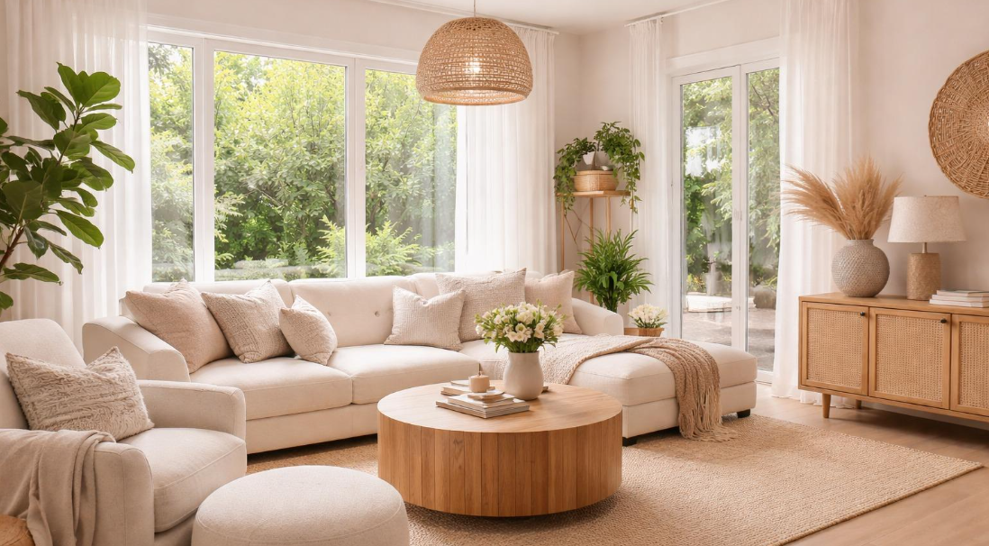 Calm, organised living room with simple furniture, natural textures and greenery