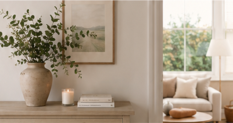 Calm living space with greenery, books and a candle