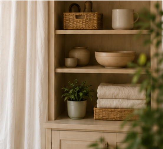 Simply organised shelving with baskets, folded linens and everyday belongings