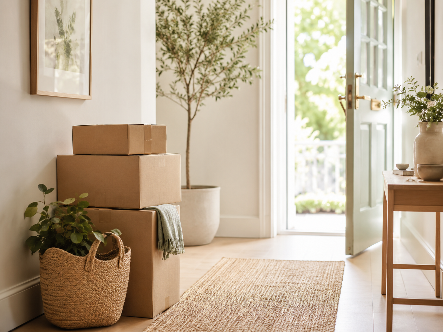 Packed boxes beside an open front door ready for a house move