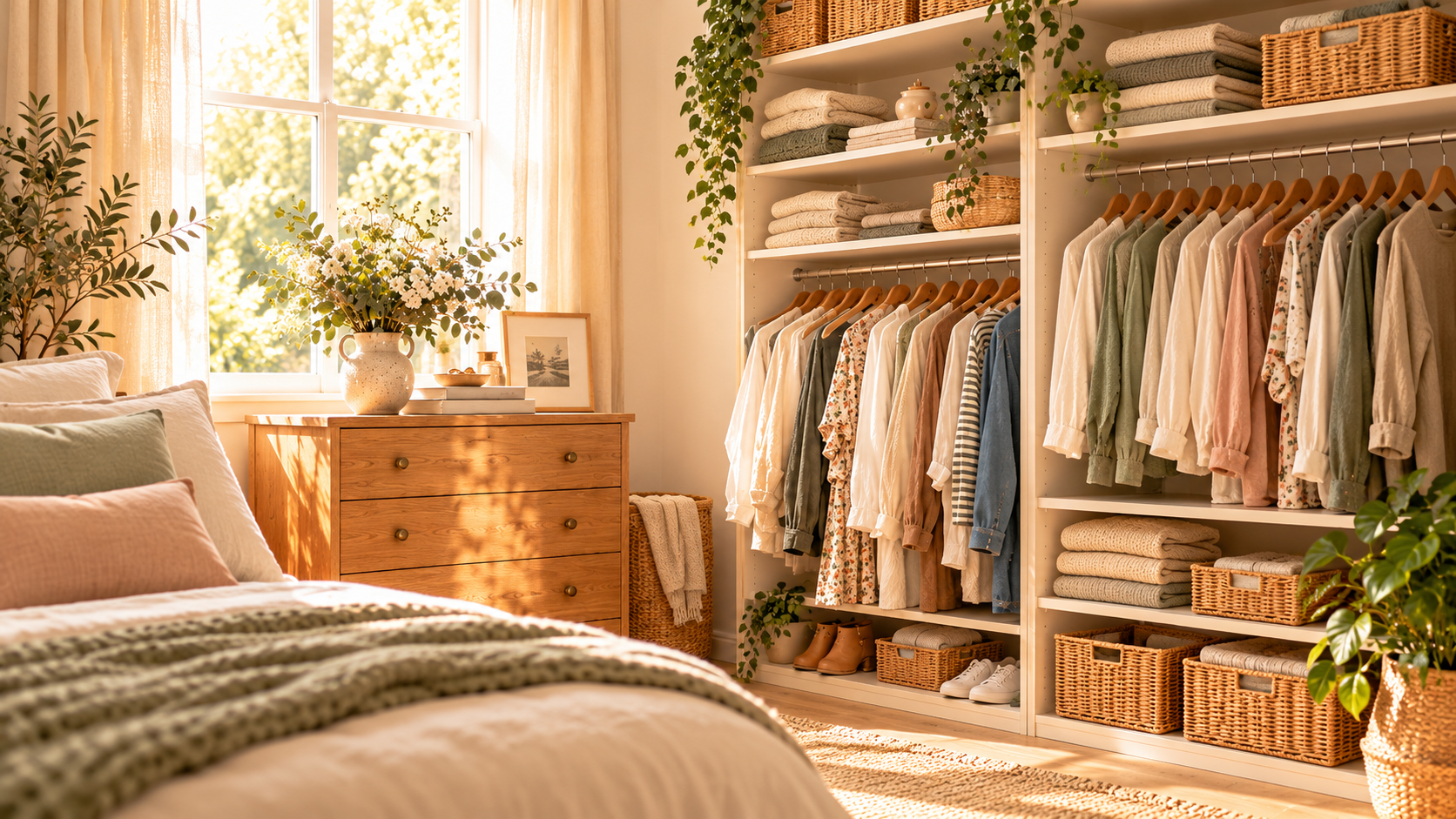 Sunlit bedroom with an open wardrobe of neatly hanging clothes, folded knitwear, wicker baskets and a wooden chest of drawers in soft, natural colours.