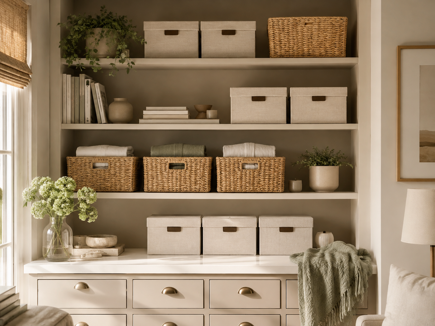 Organised shelving with baskets and storage boxes in a calm home