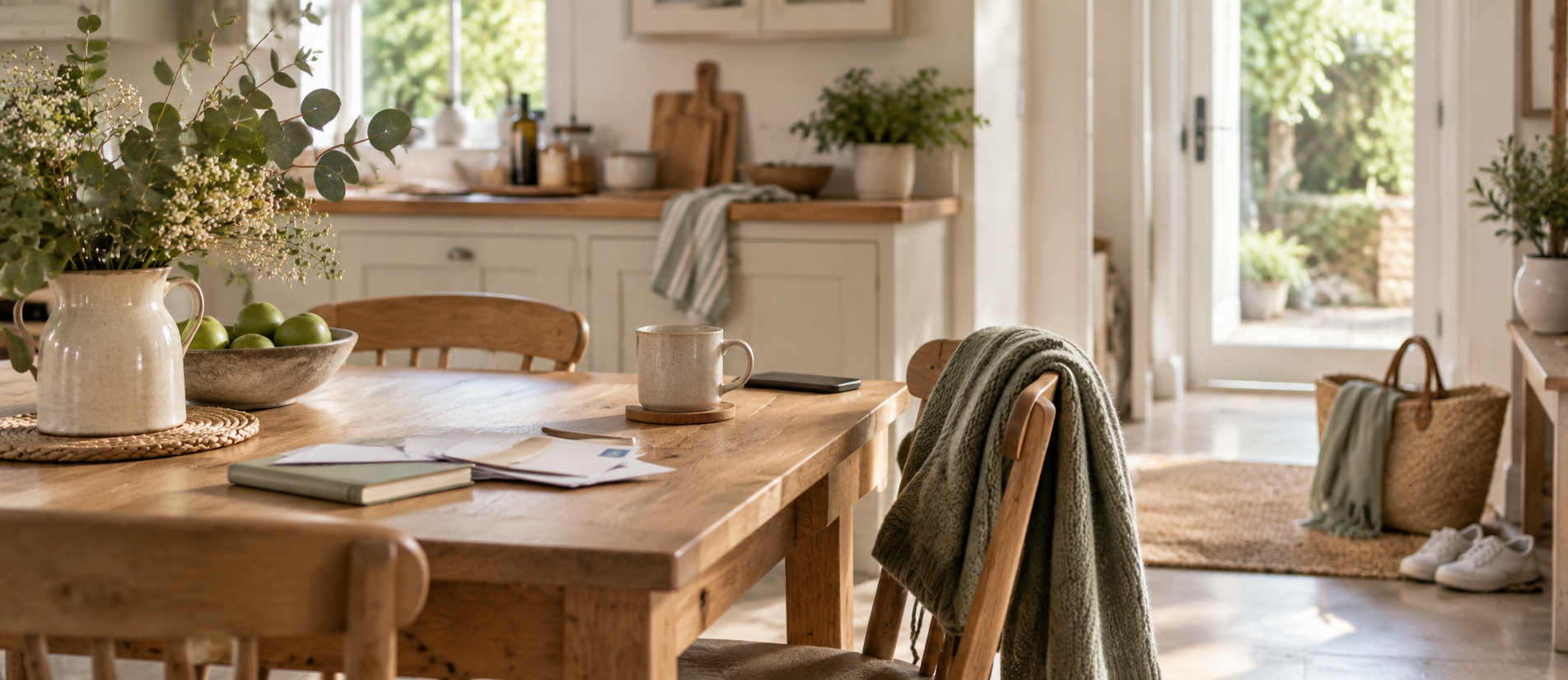 Everyday kitchen table with notebook, post and belongings waiting to be dealt with