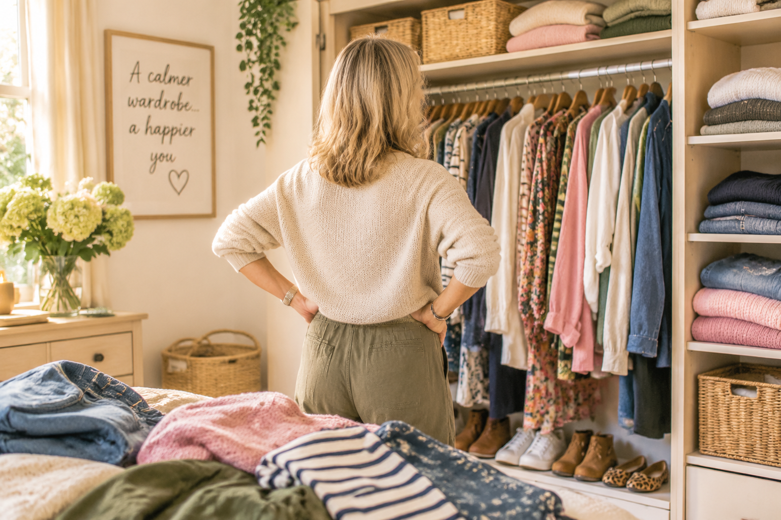Woman standing with her hands on her hips, looking at a wardrobe filled with colourful clothes. Folded clothing rests on the bed in a warm, cosy bedroom, ready for a gentle wardrobe declutter.
