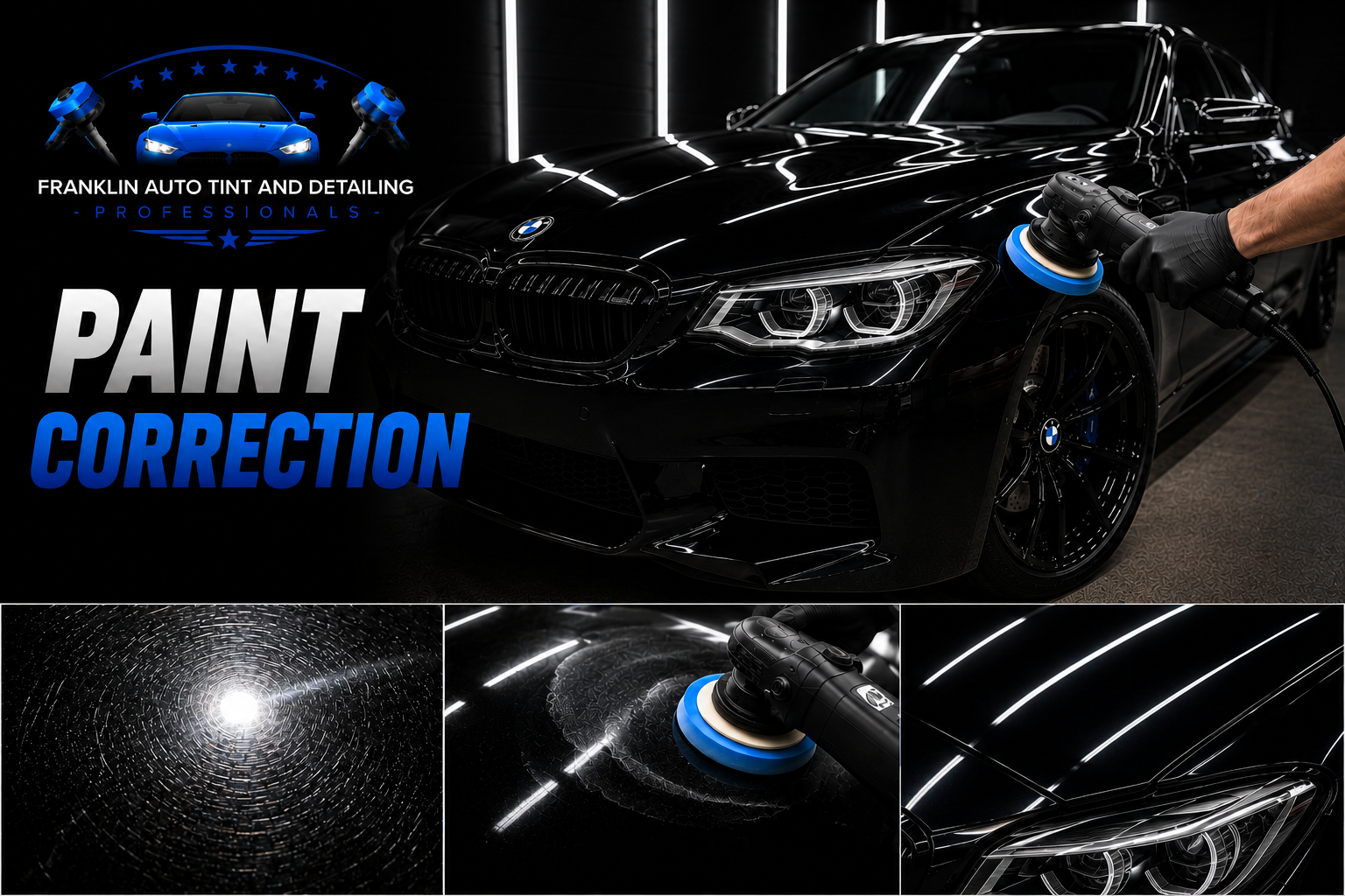 Black BMW car being polished with a handheld buffer, showing close-up images of the polishing process and the car's surface.