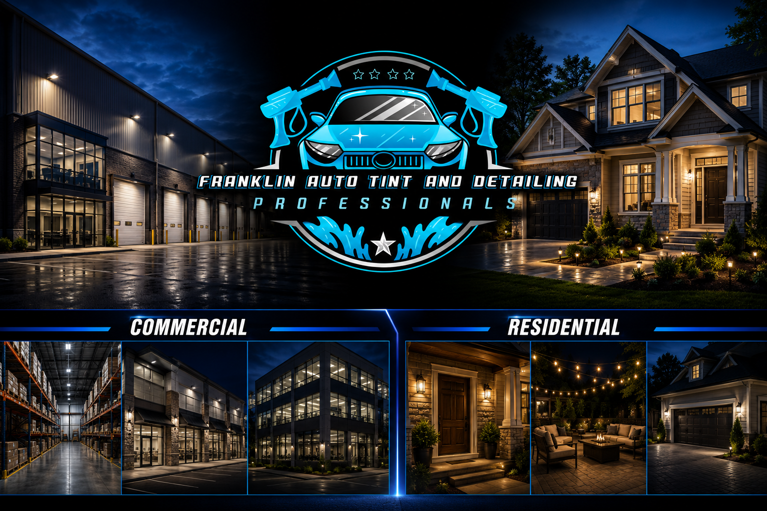 Nighttime commercial and residential property images with an overlay logo for Franklin Auto Tint and Detailing Professionals, showcasing their services for commercial and residential vehicles and spaces.