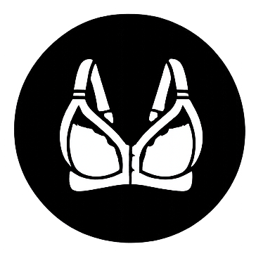 A black circular logo with a white bra icon in the center