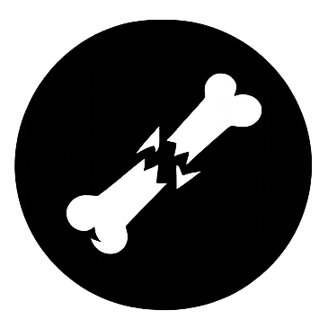 A black circular logo with a white broken bone icon in the center