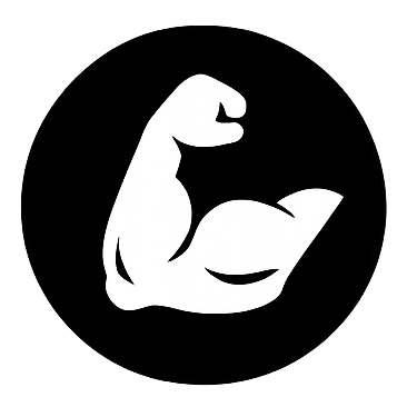 A black circular logo with a white arm flexing its muscles icon in the center