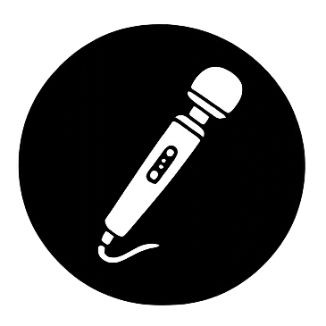 A black circular logo with a white vibrator wand icon in the center