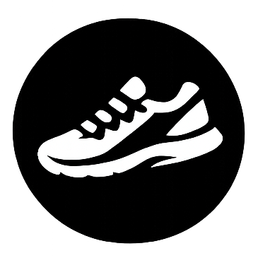 A black circular logo with a white sneaker icon in the center