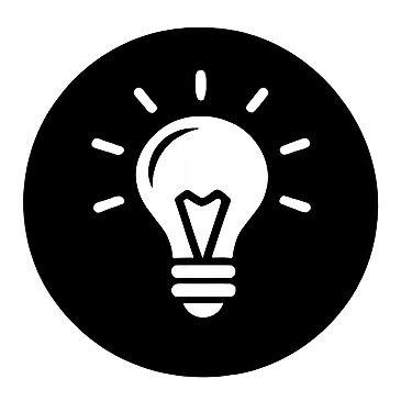 A black circular logo with a white light bulb icon in the center