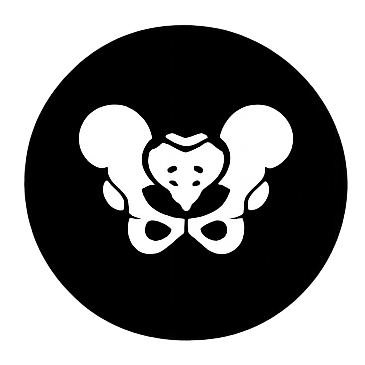 A black circular logo with a white pelvis icon in the center