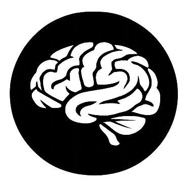 A black circular logo with a white brain icon in the center