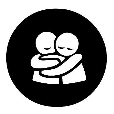 A black circular logo with a white icon of two people hugging in the center
