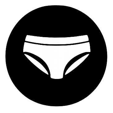 A black circular logo with a white underwear icon in the center
