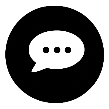 A black circular logo with a white chat bubble icon in the center